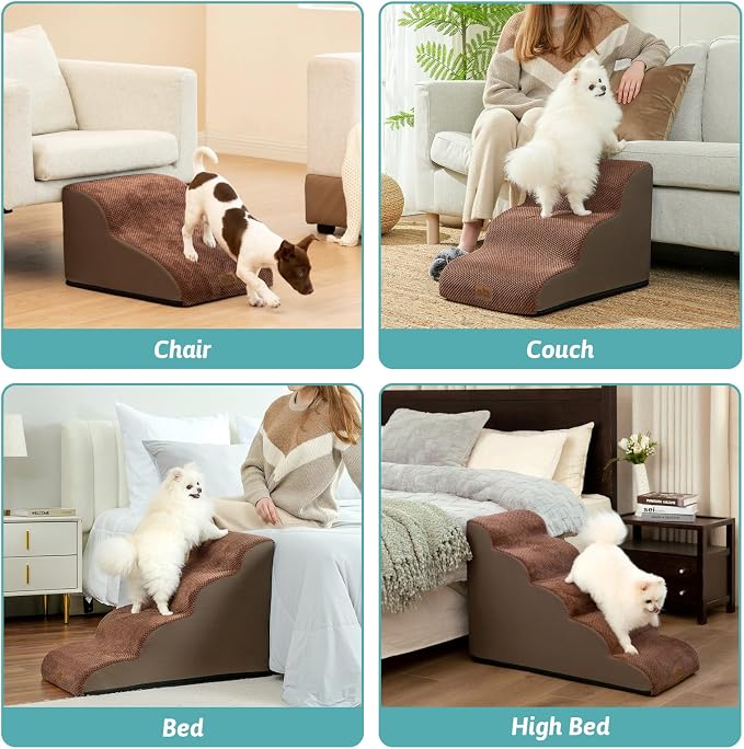COZY KISS Dog Stairs for Small Dogs 15.7" H, Curved Dog Step for Puppy, Older Cat, Medium Pet Ramp for Sofa, Couch or Chair, Ladder with High Density Foam, 3 Step, 15.7x22.4x15.7 inch, Brown