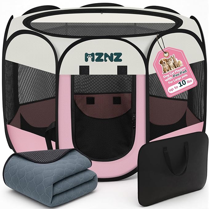Dog Cat Playpen with Pee Pad, Portable Puppy Pet Crate Indoor for Small Dogs Cats Rabbits, Foldable Dog Cage Enclosure for Outdoor, Pop Up Dogs Tent Kennel with Carrying Case, Pink