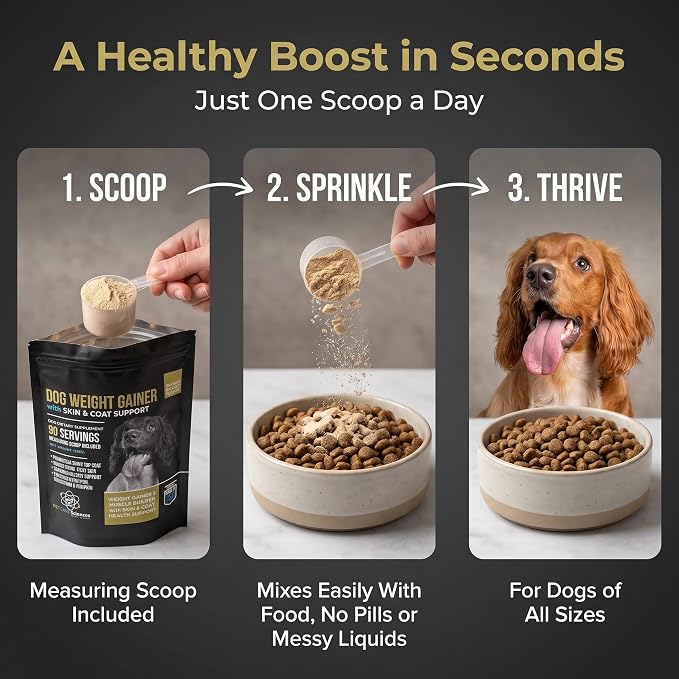 Dog Weight Gainer with Skin & Coat Support - Weight Gain Supplements for Dogs - Canine and Dog Muscle Builder - Protein Powder - High Calorie Food Supplement - 90 Servings