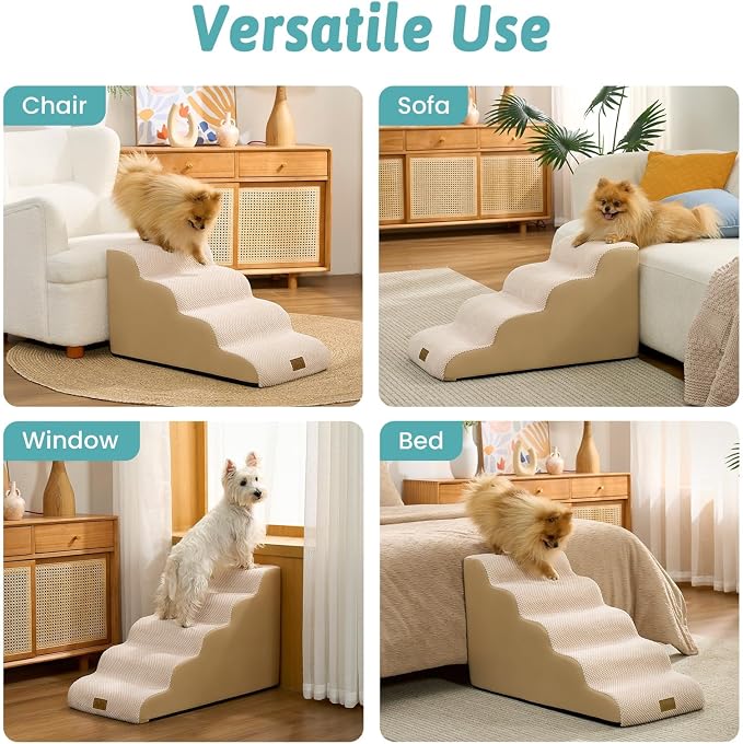 COZY KISS Dog Stairs for Small Dogs, 4 Step Pet Stairs for Beds & Couches | 15.7" H Curved Non-Slip Foam Dog Steps with Washable Cover for Puppies, Older Cats & Small Dogs, 15.7x28.3x15.7 in, Beige