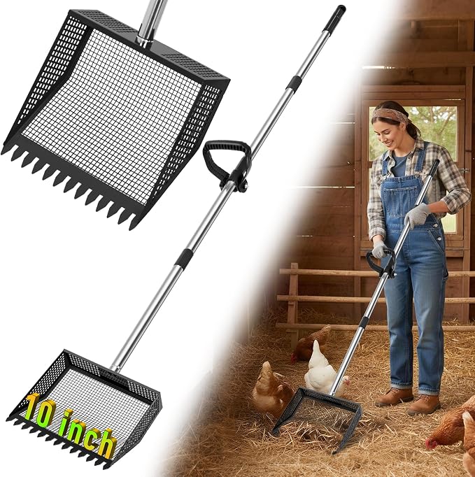 TOOGE Large Chicken Poop Scooper: 2-in-1 Metal Pooper Scooper & Rake Adjustable 62" Long Handle Stainless Steel Sand Sifting Litter Shovel Chicken Coop Scoop Cleaning for Bedding Goats Bright Black