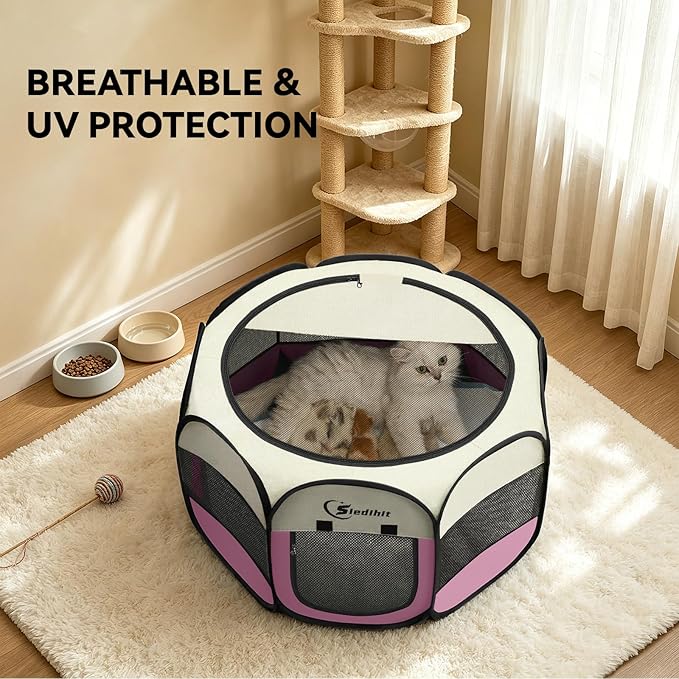 Siedihit Pink Dog Cat Playpen, Puppy Pet Playpen Indoor for Small Dog Crate Tent Cage Outdoor, Portable Pop Up Dogs Enclosure Kennel with Carrying Case for Dogs/Cats/Rabbits