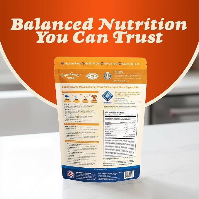 CLEAR CONSCIENCE PET® Arfredo SuperGravy® Dog Food Topper Hydration Broth Mix Greek Yogurt Cheese Blend Kibble Seasoning Probiotics Prebiotics Enzymes Taurine 4.5 oz. 30 Scoops, All Life Stage