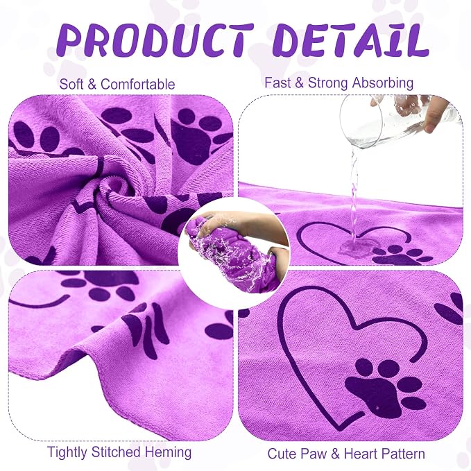 Fanfanwin 4 Pcs Dog Bath Towels Microfiber Drying Dog Towel Absorbent Pet Heart Paw Towels for Medium Dogs Puppy Cats Pets Shower (Purple,Pink)