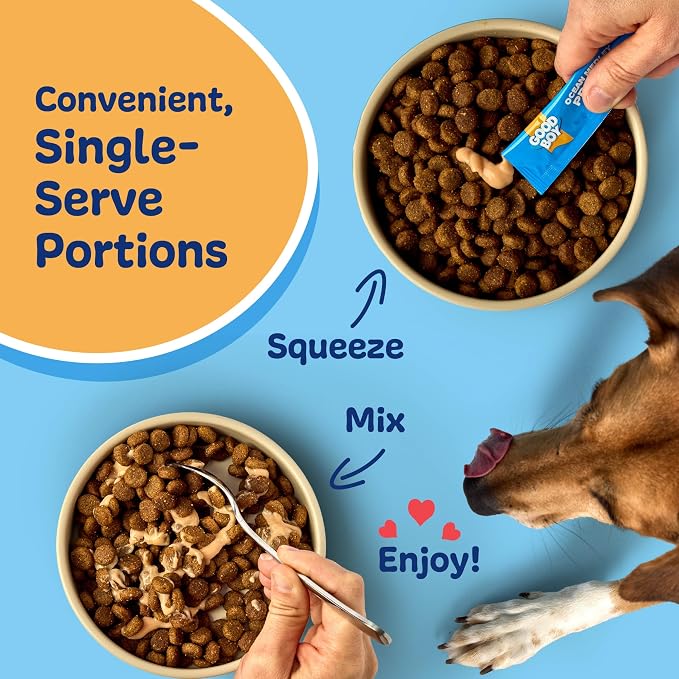 Good Boy Ocean Medley Protein Purees Dog Food Mixers for All Adult Dogs, 10 Count, Easy Single-Serve Triple Flavor Topper Treats with Salmon, Tuna and Krill