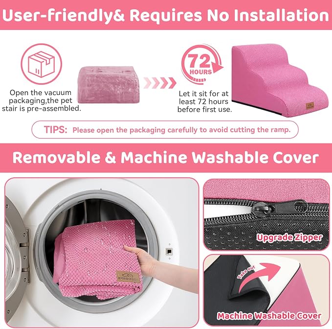 Zerbuger Dog Ramp and Stair for Bed 16" H-20 H,3-Step Cat Stair for Sofa and Chair,4-Step Dog Ramp for High Bed and Window,Durable Nonslip Fabric Cover for Indoor (Pink-16 H, Pet Friendly, 3)