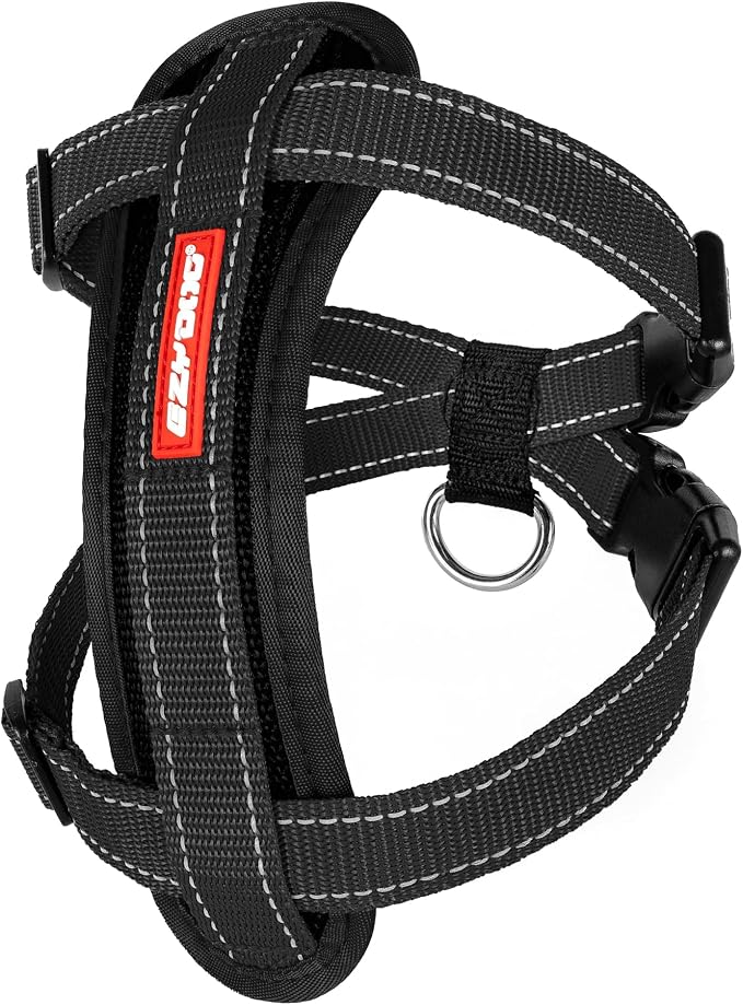 EzyDog Chest Plate No Pull Dog Harness, Escape Proof - Large, Black | Car Restraint Included, Comfort EVA Padding, Adjustable for All Breeds, Quick Release Buckles, Reflective Stitching