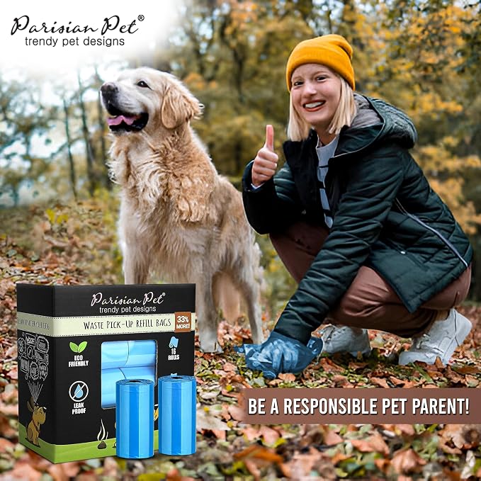 Parisian Pet Ecofriendly Dog Poop Bags Rolls - 320 Count Unscented Poop Bags For Dogs - Leakproof, Extra Thick, 16 Dog Waste Bags Refill Rolls - Stripped Blue Doggie Poop Bags - Fits All Dispenser