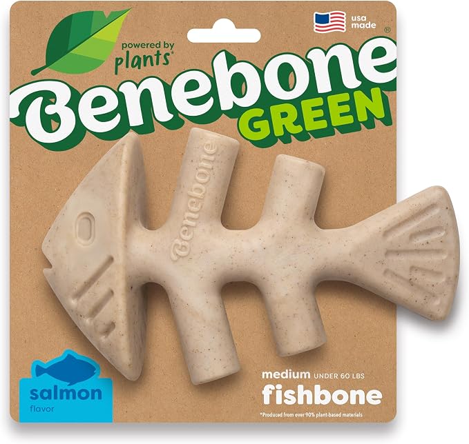 Benebone Plant-Based Fishbone Toy for Modest Chewers, Real Salmon, Medium | For Modest Chewers, Made in USA, REAL Salmon Flavor, Dog Bones
