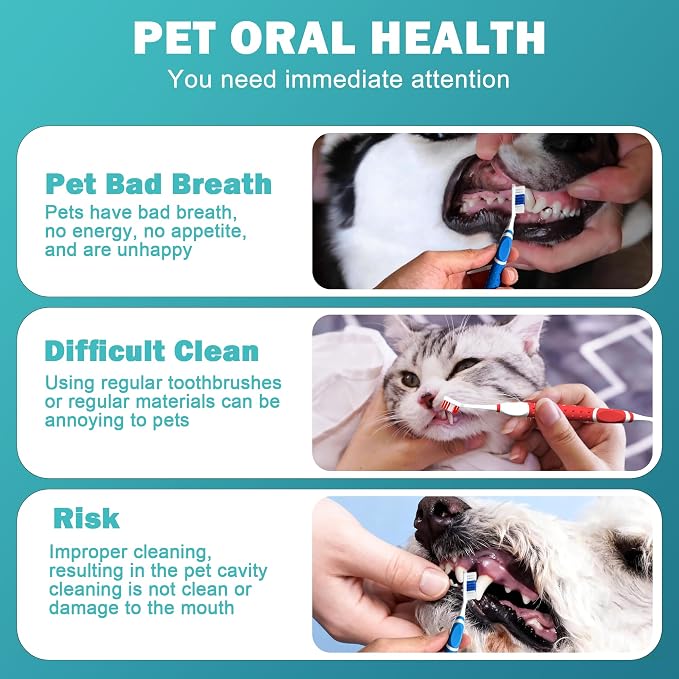 4Pcs Professional Pet Toothbrush, Dog & Cat Soft Bristle Double-Sided Brush Head Set, Pet Brushing Teeth to Clean Teeth to Reduce Tartar Buildup, Pet Dental Care Essentials