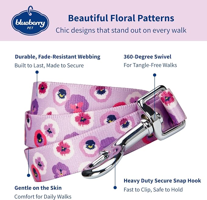 Blueberry Pet Essentials Spring Scent Inspired Garden Floral Dog Leash in Light Purple, 4 ft x 1", Large, Leashes for Dogs