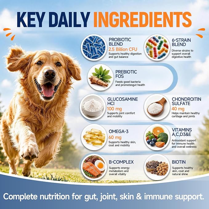 All-in-1 Dog Multivitamin Chewable Supplements & Vitamins with Glucosamine, Probiotics, Omega-3 for Itchy Skin, Hip Joint, Gut, Immune Support,Puppy & Senior – 90 Chews