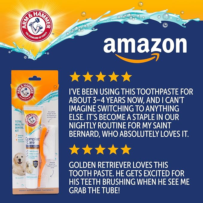 Arm & Hammer Complete Care Puppy Dental Kit, Peanut Butter, 2.5 Oz, 2-Pack | Enzymatic baking soda formula, fluoride-free, peanut butter flavor, toothbrush and microfiber brush included