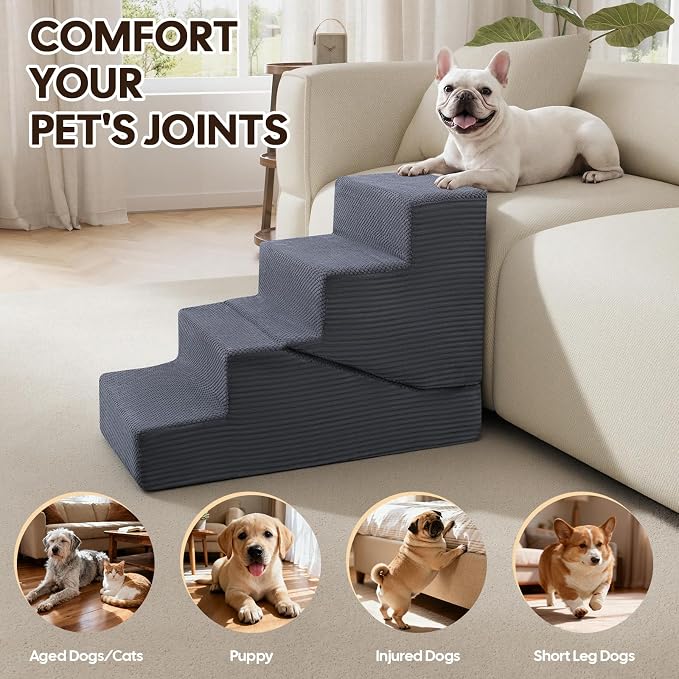 Dog Ramp for Bed Couch, 25.6" H Dog Stairs for Small Dogs, 2 in 1 Transformable 5-Step Pet Steps for Bed, Foldable Cats Ramp to Get on Bed, Non-Slip Balanced, Grey