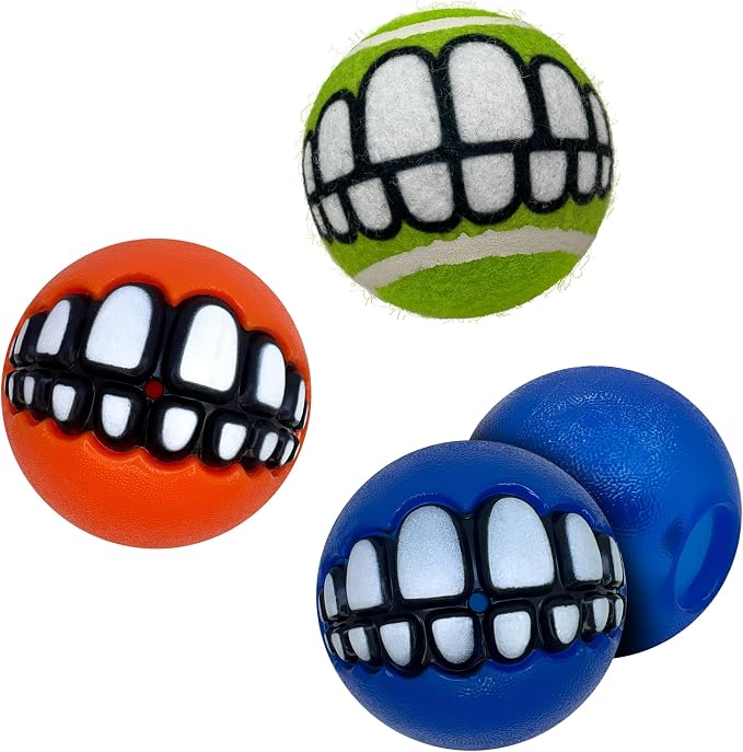 KONG Grinz by Rogz Variety Packs - Durable Bouncy Balls with Grinz Teeth - Smiley Face Dog Toy (Medium (6 Pack))
