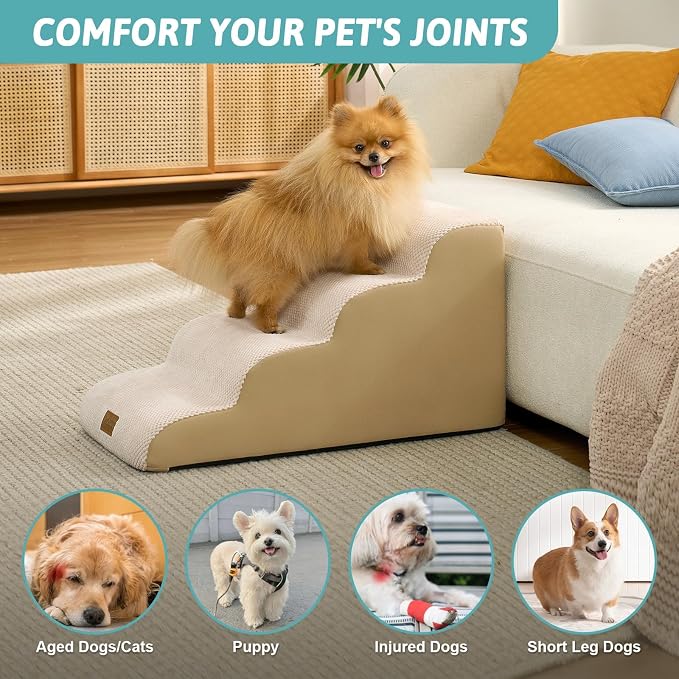 COZY KISS Dog Stairs for Small Dogs, 4 Step Pet Stairs for Beds & Couches | 15.7" H Curved Non-Slip Foam Dog Steps with Washable Cover for Puppies, Older Cats & Small Dogs, 15.7x28.3x15.7 in, Beige