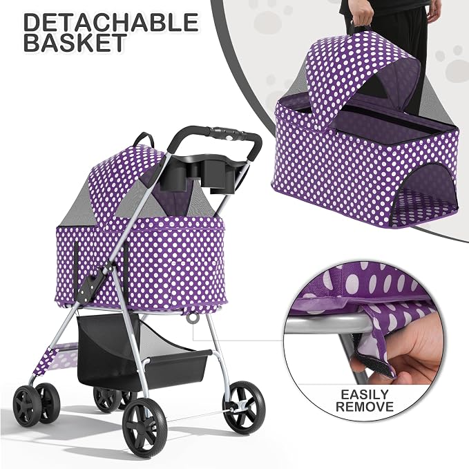 MoNiBloom 3-in-1 Foldable Pet Stroller - Purple Polka Dots, up to 33lbs