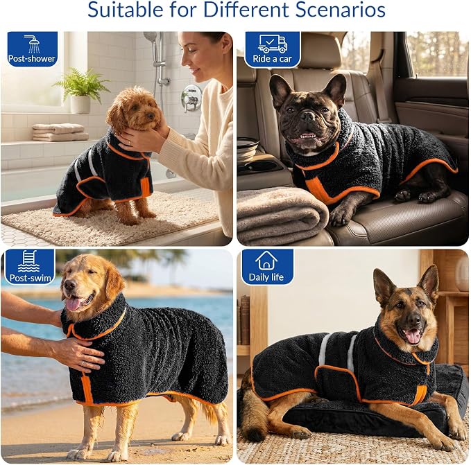 Bienbee Dog Bathrobe, Quick Drying Super Absorbent Pet Robes for Small Medium Large Dogs, Drying Coat for After Bath & Swim, Warm & Cozy Dogs Towels, Dog Puppy Bath Supplies, Black XL
