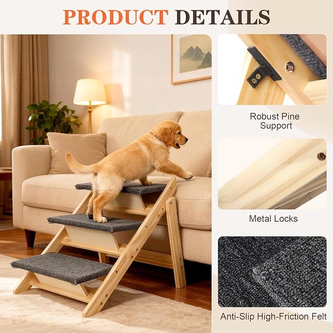 Dog Ramp, Durable Pet Stairs for High Beds, 2-in-1 Foldable Wooden Dog Steps for Couch and Car, Joint-Friendly Stairs for Senior Dogs, Non-Slip Carpeted Pet Steps with High-Weight Capacity