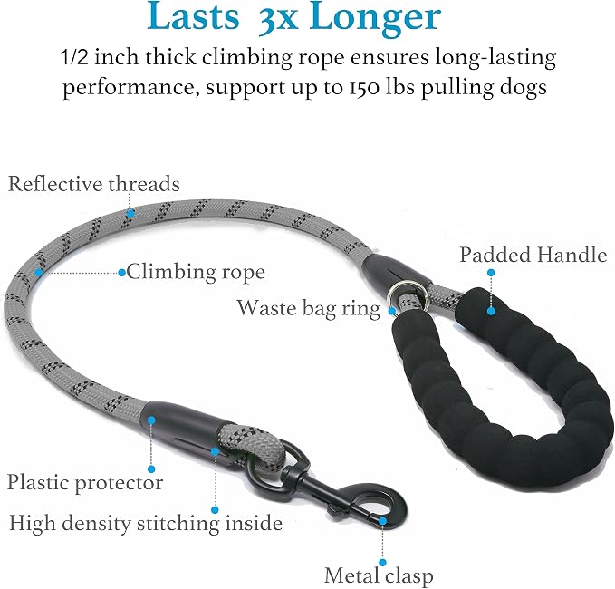 iYoShop Double Dog Leash, 360° Swivel, No Tangle, Large, 25-150 lbs, Grey | Dual Leash for Two Dogs, Split Leash, Shock-Absorbing Bungee, Padded Handle, Heavy-Duty Rope