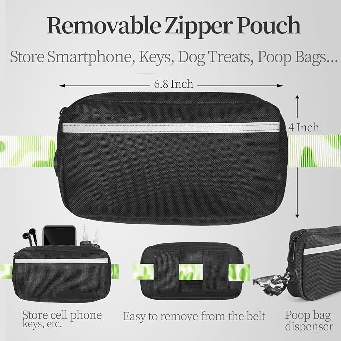iYoShop Hands Free Dog Leash with Zipper Pouch, White-Green Mix, Large | Waist Leash, Dual Padded Handles, Shock-Absorbing Bungee, Adjustable Waist Belt, Walking and Running