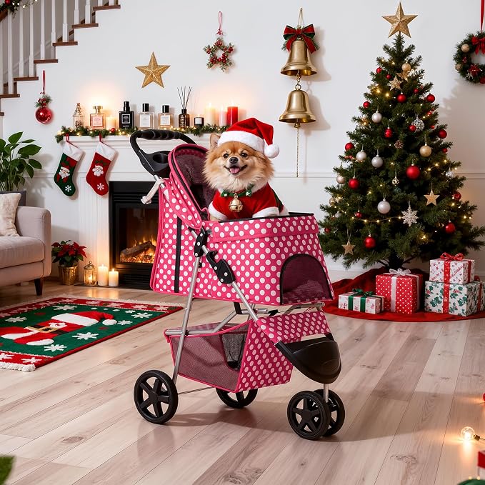 MoNiBloom 3-Wheel Foldable Pet Stroller - Hot Pink Polka Dots