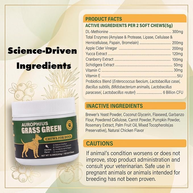 Dog Grass Green Chews for Lawn Burn & Urine Spots, DL-Methionine & Cranberry Supplement, Urine Neutralizer, Supports Urinary Health with Probiotics & Enzymes, 120 Ct