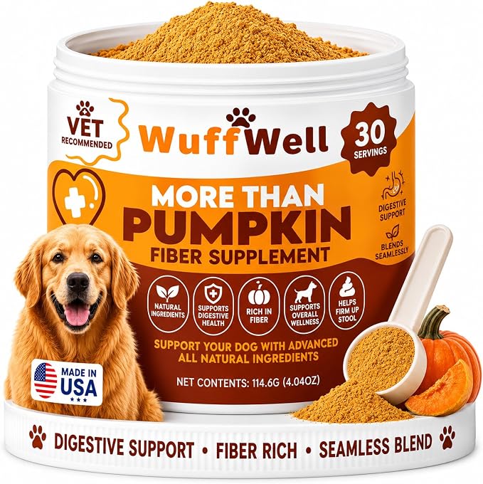 WuffWell Pumpkin Powder for Dogs - Fiber Supplement with Probiotics, USA
