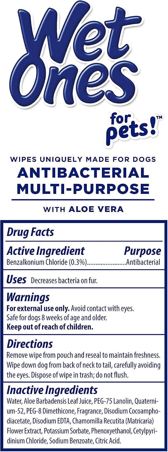 Wet Ones for Pets Antibacterial Grooming Wipes with Aloe Vera, 50 Count (12 Pack)