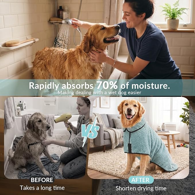 Bienbee Dog Bathrobe, Quick Drying Super Absorbent Pet Robes for Small Medium Large Dogs, Drying Coat for After Bath & Swim, Warm & Cozy Dogs Towels, Dog Puppy Bath Supplies,Light Green S