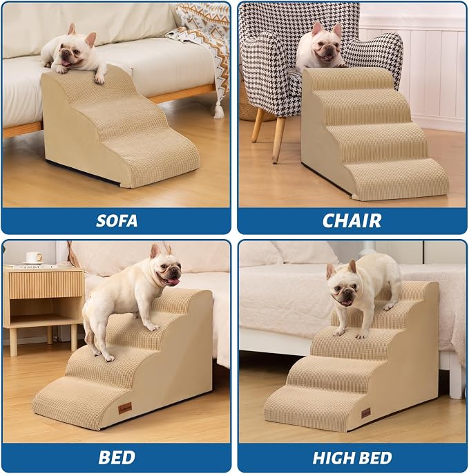Aodisman 3-Step Dog Ramp and Stairs for Sofa and Chair - Non-Slip Sturdy Pet Steps for Small Dogs and Cats,15.7" H,Khaki