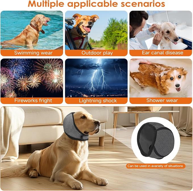 Upgraded Dog Ear Muffs for Noise Protection and Bath, Dog Ear Protection, Groming & Anxiety Relief, Elastic Waterproof Dog Ear Muffs with Multi-Layer Soundproof Sponge (Grey, Small)
