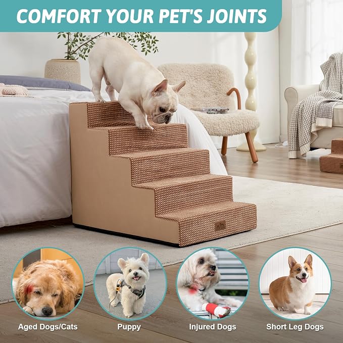 COZY KISS Dog Stairs for Small Dogs, 5 Step Pet Stairs for Beds & Couches | 23.6" H Wider Non-Slip Dog Steps for Bed, Ideal for Puppies, Senior Cats, and Small to Medium Dogs, Light Brown