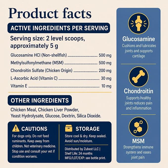 Zubest Hip & Joint Supplement for Dogs, Glucosamine Chondroitin MSM Powder