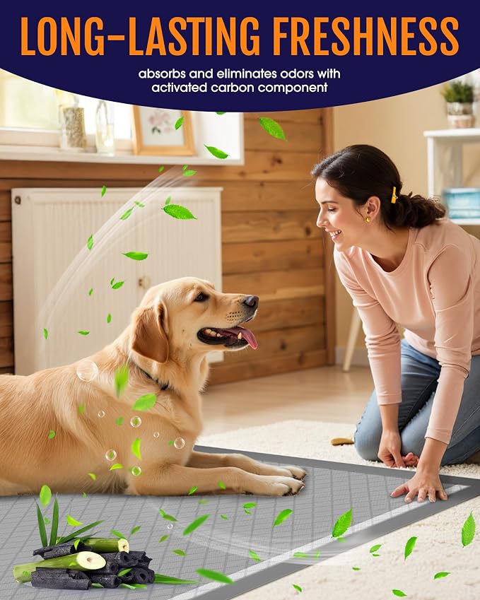 Powools Charcoal Puppy Pads - 100 Packs, 34"×28" Ultra-Large Puppy Pads, Odor-Control Carbon Pee Pads for Dogs, 6-Layer Ultra-Absorbent & Quick-Dry Black Training Pads