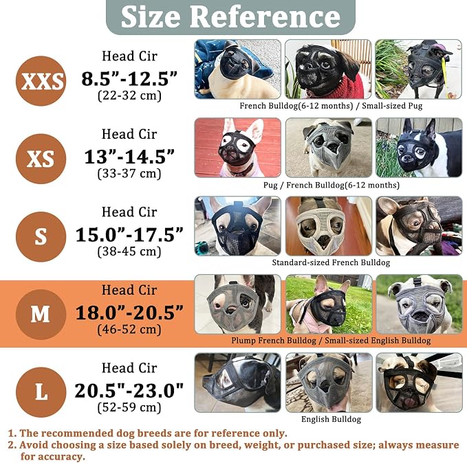 Mesh Short Snout Dog Muzzle with Anti-Eating Design for Frenchie | Fits French Bulldog Pug English Bulldog, Prevent Scavenging, Walking Grooming Use , Allows Full Panting Drinking | Grey, M