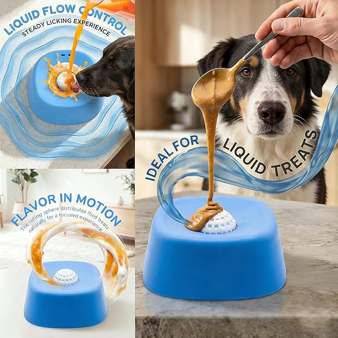 Slow Feeder Dog Bowl, Rolling Lick Ball & Lick Mat for Dogs Cats, Spill-Resistant Puzzle Feeder for Liquid Treats, Food-Grade Rubber, Non-Slip Interactive Toy for Anxiety Relief & Boredom (Blue-1PCS)