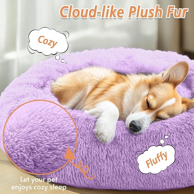 JOLLYVOGUE 36" Calming Donut Dog Bed, Purple