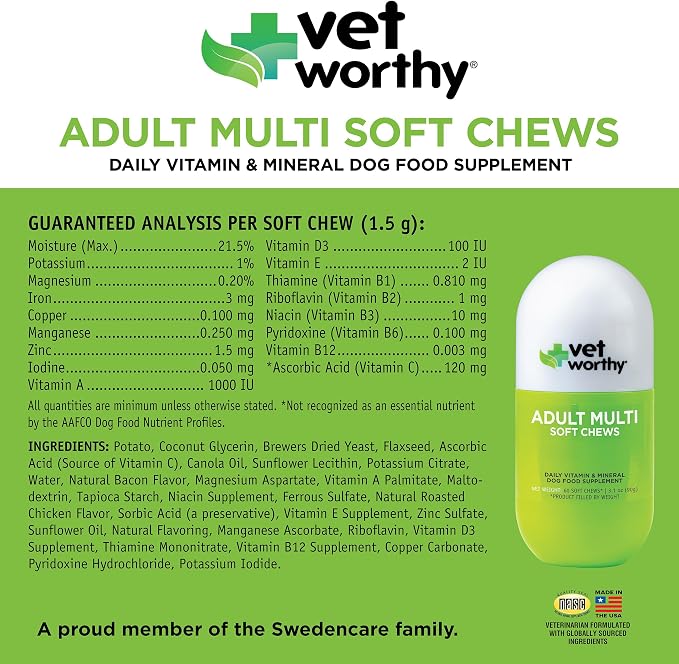 Vet Worthy Adult Multi Soft Chews - Daily Multivitamin for Dogs - 60ct | Supports Immunity, Metabolism, & Maintenance - Daily Dog Chewable Supplement - Chicken & Bacon Flavor