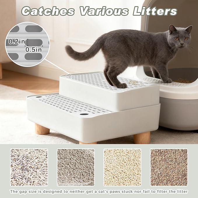 Elevated Cat Ramp for Litter Box, 2 Steps Cat Pedal Step Stool with Wooden Base, Detachable Double Layered Cats Litter Trapper, Suitable for Small&Elderly Cats, Non-Slip(Grey)