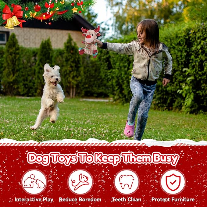 loncoldy Christmas Dog Toys, Funny Squeaky Reindeer Toy with Crinkle Paper Attract Pets, Interactive Plush Chew Toys, Adorable Christmas Elk Dog Gifts for Small Medium Large Dogs