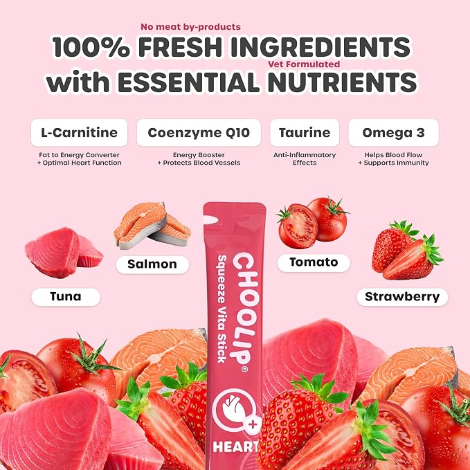 Choolip Squeeze Vita Stick Lickable Cat and Dog Treats, 7-Count Heart Support, Salmon and Tuna with CoQ10, Taurine and L-Carnitine, Grain-Free, Vet-Formulated