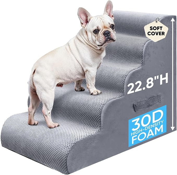 PAWSCRAT Pet Stairs for Dogs 5-Step, 22.8" H Pet Stairs for High Bed, Couch Sofa & Chair, 30D Material Soft Foam Dog Steps with Non-Slip Bottom Surface Removable Washable Cover, LightGrey