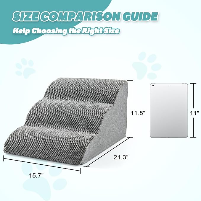 IFNOW Dog Stairs for Small Dogs and Cats 11.8" H, 3-Step Sturdy Dog Steps for Couch, Sofa or Chair, High-Density Foam Pet Stairs for Puppy, Older Cats, Non-Slip Curved Pet Ramp Indoor, Grey
