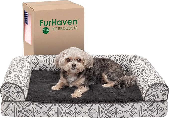 Furhaven Memory Foam Dog Bed for Medium/Small Dogs w/ Removable Bolsters & Washable Cover, For Dogs Up to 35 lbs - Plush & Southwest Kilim Woven Decor Sofa - Boulder Gray, Medium