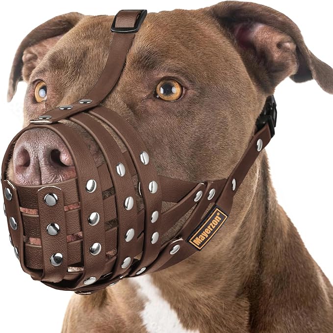 Pitbull Dog Muzzle for Large Medium Dogs Prevent Biting Scavenging | Fits Rottweiler Amstaff Broad-nosed Breed, Sturdy Breathable Basket, Training Walking Use, Allows to Drink | Brown, L