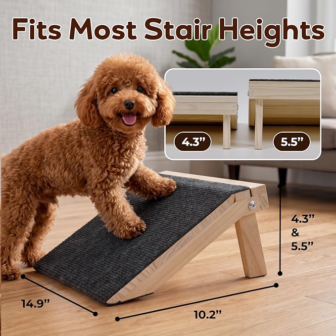 Wooden Dog Ramp for Stairs, 4.3"/5.5" Height Adjustable Pet Ramp with Non-Slip Carpet Surface, Small Dog Step Ramp for Indoor Stairs, Entryway & Porch, Supports Senior Dogs & Cats (1-Pack)