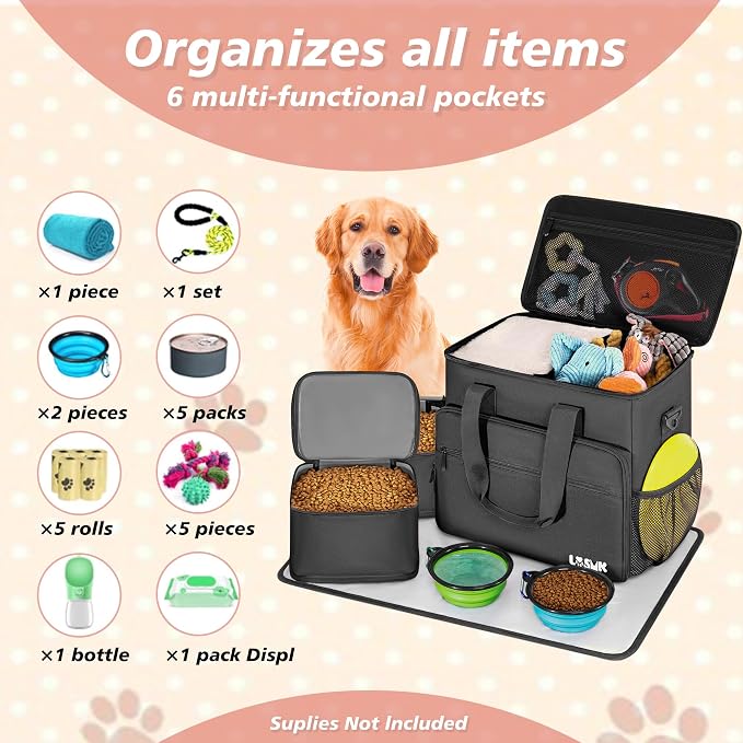 Dog Travel Bag Large Set with Food Containers, Bowls & Feeding Mat, Black