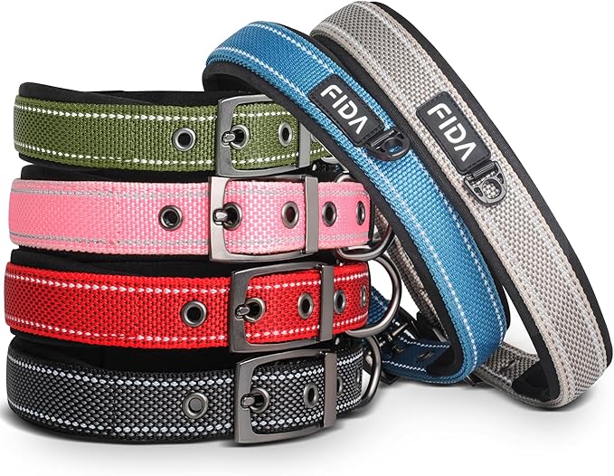 Fida Heavy Duty Dog Collar for Large Dogs with Metal Belt Buckle, Green | 1.5" Width, Soft Neoprene Padded, Thicker Nylon Webbing, Adjustable Fit, Reflective Stitching for Night Safety