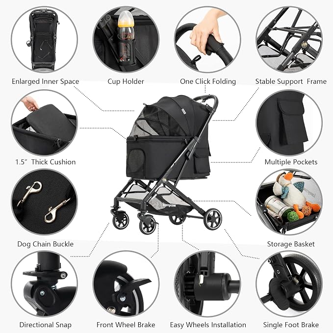 Kenyone Medium Dog Stroller - Up to 55lbs, No Zip Entry